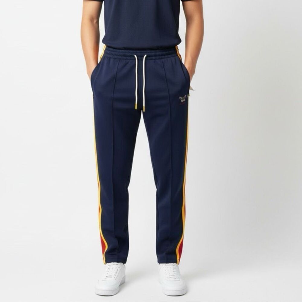 NWT Agtawh “All Good Things Are Welcome Here".  men track pants, In navy with re